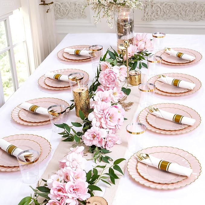 YOUBET 350PCS Pink Scalloped Plastic Plates - Pink and Gold Disposable Dinnerware Set Include 100 Plates, 150 Gold Silverware, 50 Cups, 50 Napkins for Wedding & Party Mothers Day