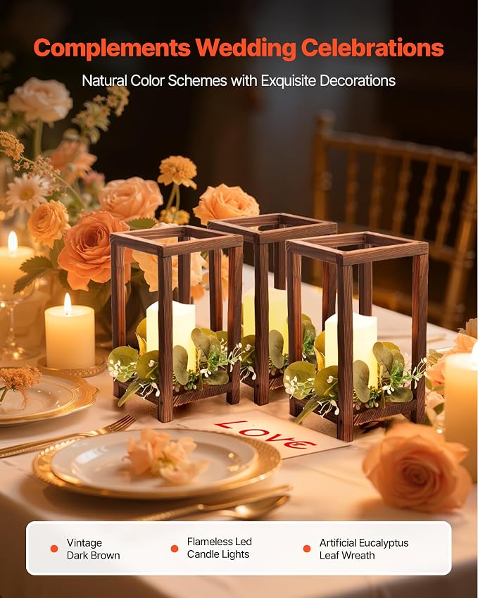 VEVOR 12 Set/36 Pcs Wooden Wedding Lantern Centerpiece, Includes 12 Wooden Lantern Candle Holder 12 Flameless LED Candle 12 Eucalyptus Leaves Wreath for Wedding Table Party Farmhouse Decor, Brown