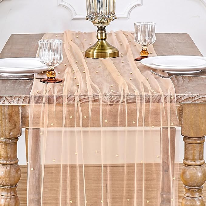 Pearl Table Runner Champagne Wedding Decorations: 12pcs Centerpieces Fall Pearl Mesh 29x120 Inch Tulle Chiffon Fabric for Birthday Party Dining Table Decor