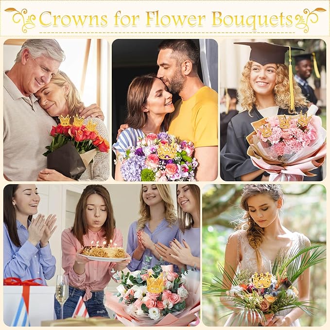 Billbotk 40 Pcs Mini Crowns for Flower Bouquets, Small Gold Crowns for Princess Cake Topper, Crown Decoration for Birthday Wedding Baby Shower Party, 5 Styles
