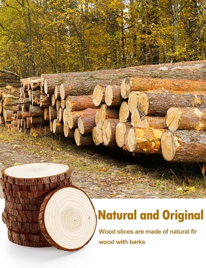 wohohoho 32pcs 3.2-3.6 inches Natural Wood Slices, Unfinished Craft Wood Kit Predrilled with Hole Thickened Wooden Circles with Bark for DIY Ornaments Christmas Wedding Decorations Wood Coasters Tags