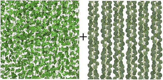 CQURE 48 Pack 336 Ft Artificial Ivy Fake Vines+12 Pack 84 Ft Eucalyptus Garland for Wedding Party Table Bedroom Wall Room Decor