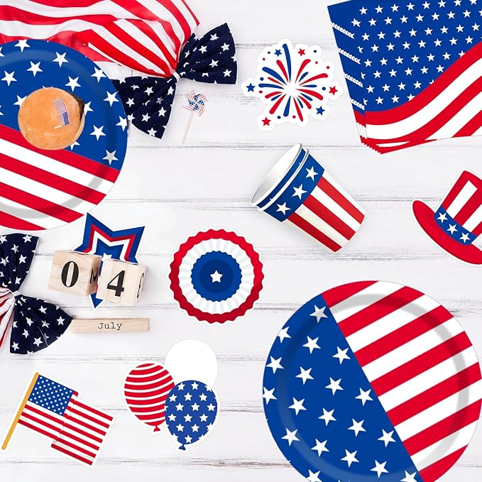 4th Fourth of July Party Supplies Favors for 250th Anniversary, Patriotic Red White Blue Plates,Napkins,Cups,Tablecloth,Hanging Decorations for 25 Guests, USA Accessories for Memorial Independence Day