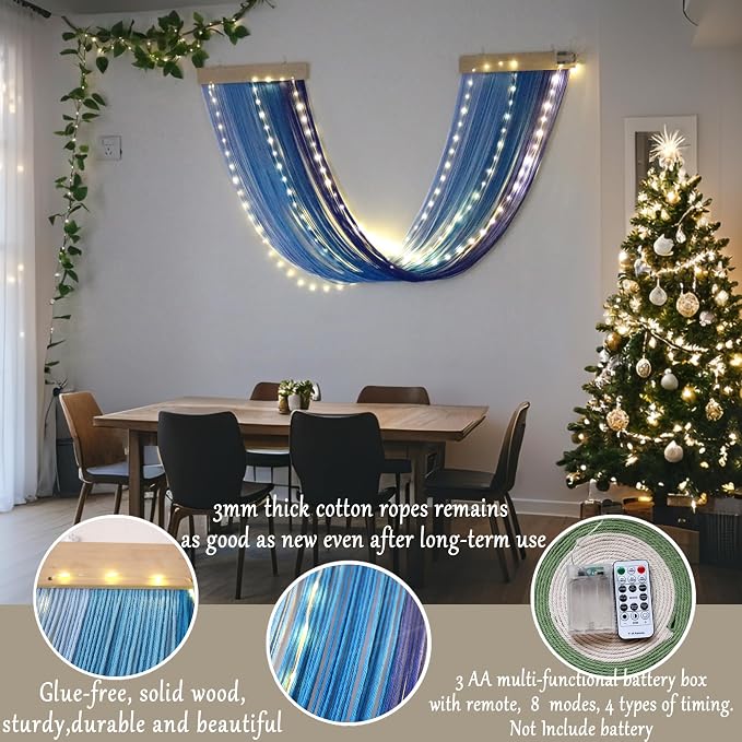 Macrame Fairy Lights Battery Operated with Remote & Timer, Blue Gradient | Handwoven Wall Hanging with 20ft 100 LEDs Warm White Timer String Lights for Bedroom,Living Room,Party,Wedding,Christmas Deco