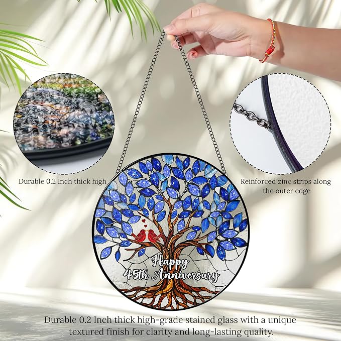 45th Wedding Anniversary Stained Glass Suncatcher, 6x6' Anniversary Decorations, 45th Celebration Marriage Gifts for Parents, Couple, Wife & Husband, 45 Wedding Milestone Keepsake