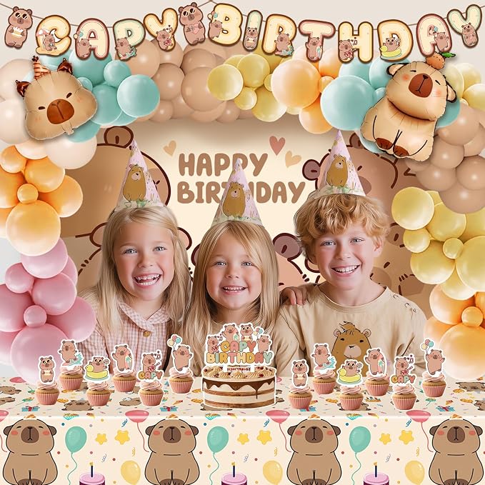 Capybara Birthday Party Decorations - 99pcs Balloons Garland Kit, Capybara Backdrop, Capy Birthday Banner, Tablecloth, Foil Balloons, Capybara Cake and Cupcake Toppers