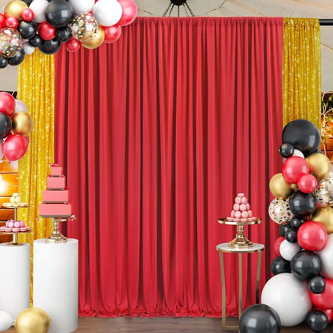 40ft×8ft Red Wrinkle Free Backdrop Curtains for Parties, 8 Panels 5×8ft Soft Silky Photo Backdrop Drapes for Wedding Birthday Party Baby Shower Mother's Day Red Themed Party Photography