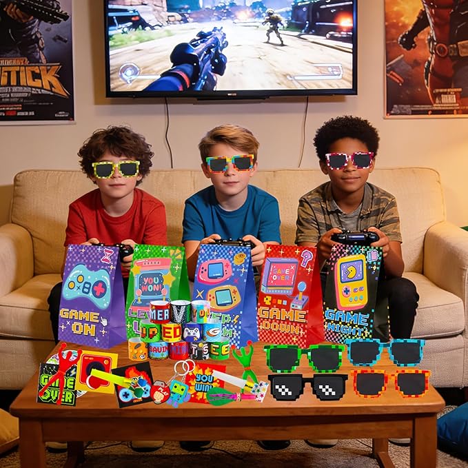 170 Pcs Video Game Party Favors Kit With Gaming Goodie Bags Sunglasses Crazy Straws Stickers for Kids Birthday Prizes, All-in-One Video Game Theme Party Supplies for Boys & Teens