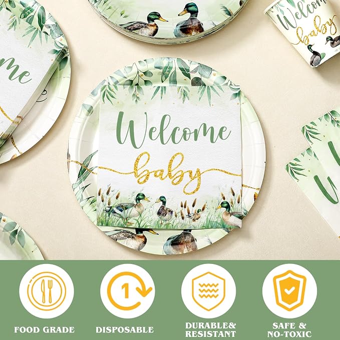 Hushee 200 Pcs Mallard Duck Baby Shower Paper Plates Napkins Cups Baby Shower Party Supplies Tableware Set Disposable Cup Napkin for 50 Guest Party Decoration