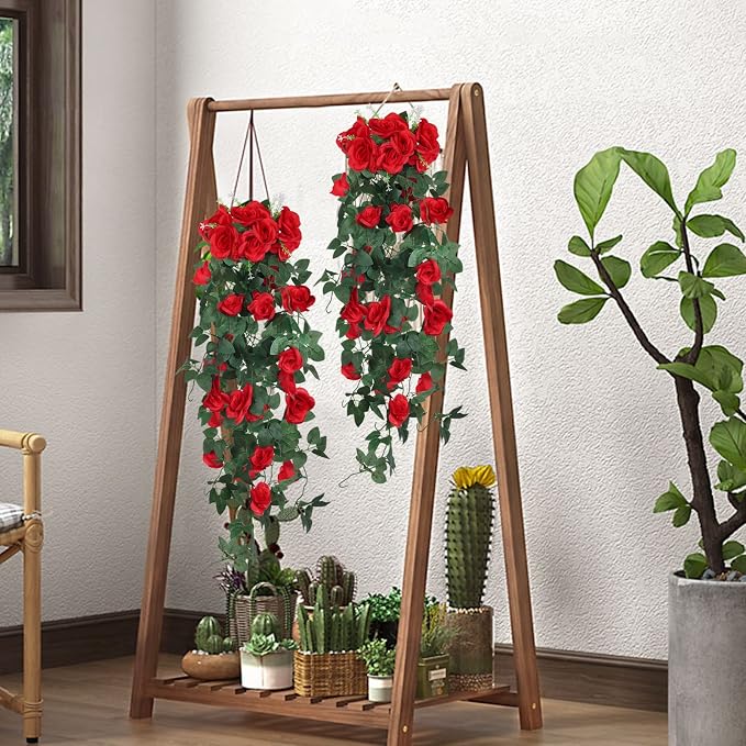 RECUTMS Artificial Red Roses Fake Hanging Flowers Plants, 2PCS 37 Inches Silk Floral Ivy Garland for Indoor Outdoors Home Garden Front Door Porch Wedding Derby Party Arch Valentines Greenery Decor