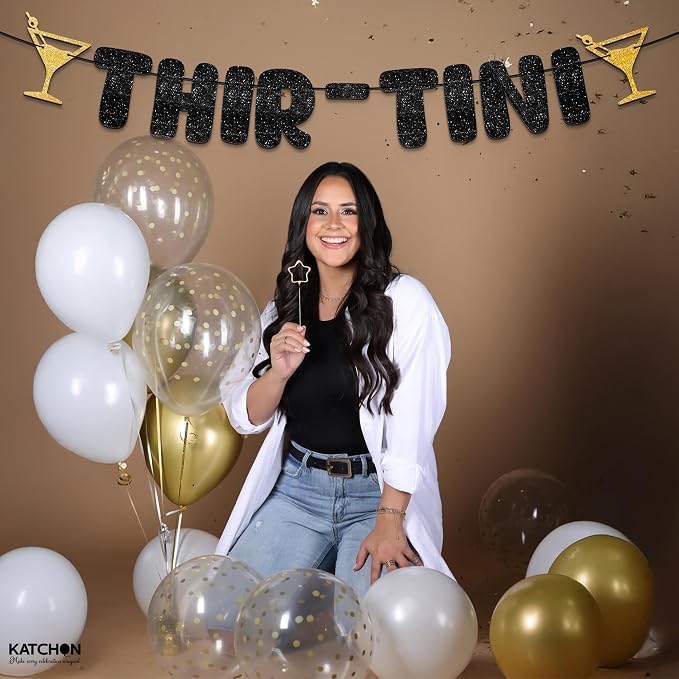 KatchOn, Thir-Tini 30th Birthday Banner – 10 Feet, No DIY | Black and Gold Glitter Martini Party Decorations, Funny 30th Birthday Decorations for Her, Him | A Tini Bit Older 30th Birthday Party Decorations