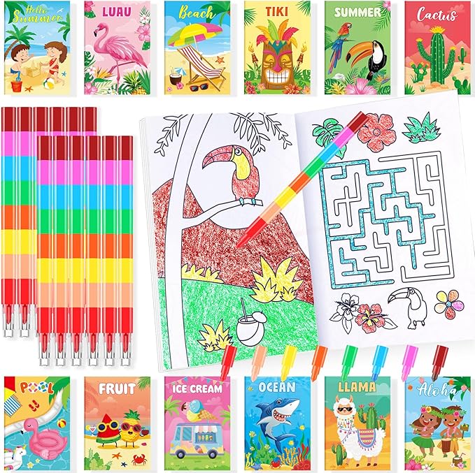 BenLouis 24 Summer Mini Coloring Books Kids with 24 Stacking Crayons Beach Pool Party Favors Activity Books Bulk for Kids Summer Birthday Goodie Bag Gift Stuffer Classroom Reward