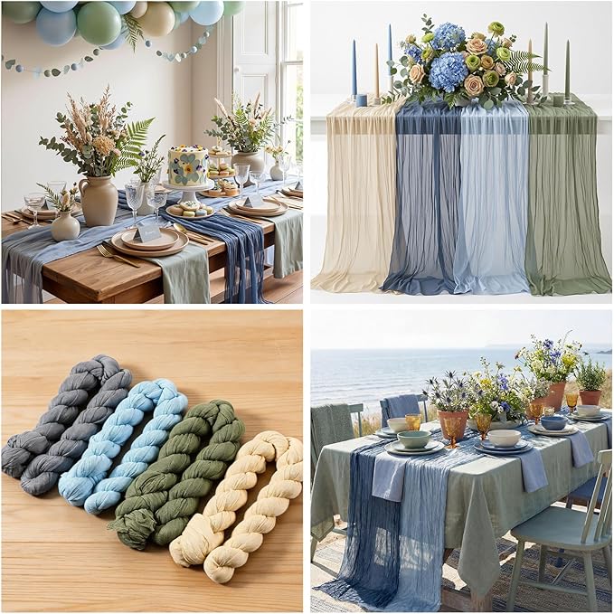 8 Pcs Sage Green and Dusty Blue Cheesecloth Table Runner Boho Gauze Cheese Cloth Runner 118" Rustic Table Decor for Wedding Bridal Baby Shower Anniversary Birthday Party Home Arbor Decorations