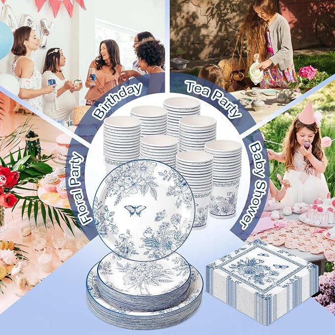 Pickmesh 250 Pcs Blue Floral Party Disposable Tableware Set Paper Plates and Napkins Cups Supplies Tea Party Theme Dinner Dinnerware for Birthday Bridal Baby Shower wedding Decoration Serves 50