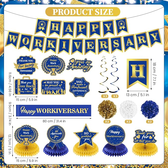 Happy Work Anniversary Decorations Blue Gold Happy Workiversary Banner Honeycomb Centerpieces Hanging Swirls Tissue Paper Pompoms Sash for Men Office Employee Worker Anniversary Appreciation Supplies