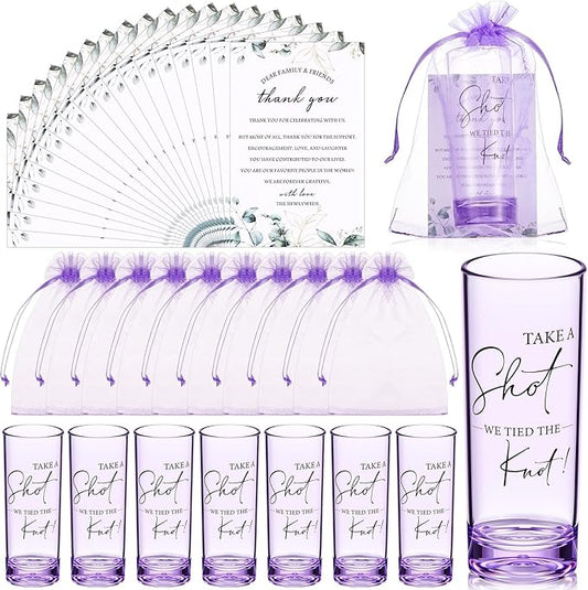 Sliner 100 Set Wedding Favors for Guests Bulk 2oz Acrylic Take a Shot We Tied the Knot Shot Glasses with Thank You Cards Organza Bags for Guest Souvenir Wedding Bridal Shower Gifts (Purple,Black)