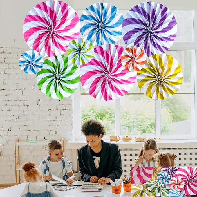 18Pcs Candyland Party Decorations Candy Paper Fans Hanging Background Wall Lollipop Candy Fans for Garland Ceilings Classroom Decoration Wedding Candyland Themed Birthday Party Supplies
