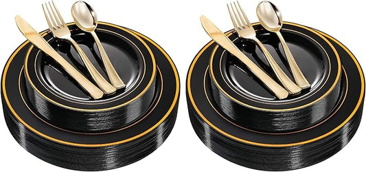 WDF 125Pieces Black Plates Disposable with Gold Rim & Disposable Gold Plastic Silverware for Halloween - 50 Graduation Plates - 25 Forks, 25 Knives, 25 Spoons (Pack of 2)