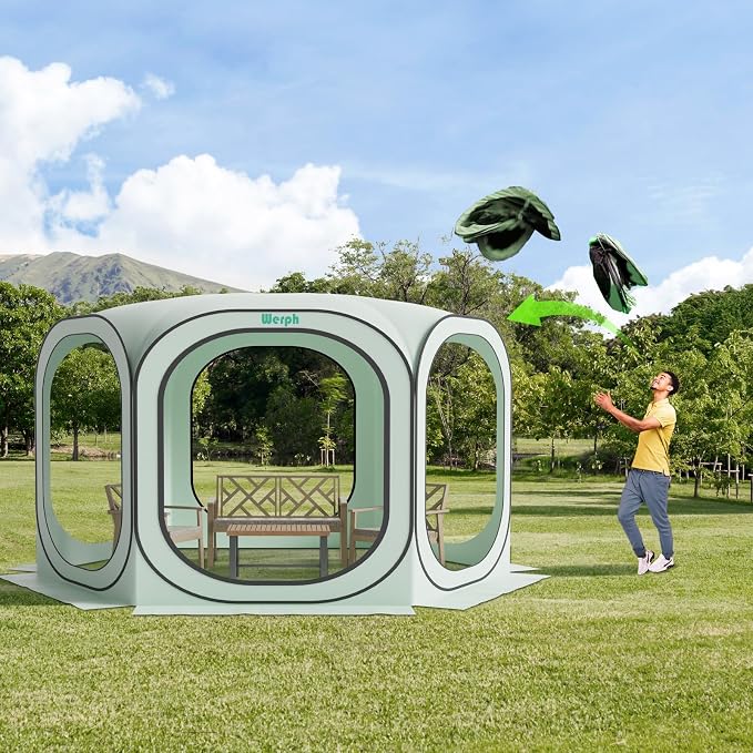 Werph 12x12 Pop Up Screen Tent, Mosquito Net Gazebo, UV Resistant, Green | Roof Waterproof Screen Canopy, Quick Setup Outdoor Shelter for Backyard, Patio, Garden, Picnic, Camping and Events