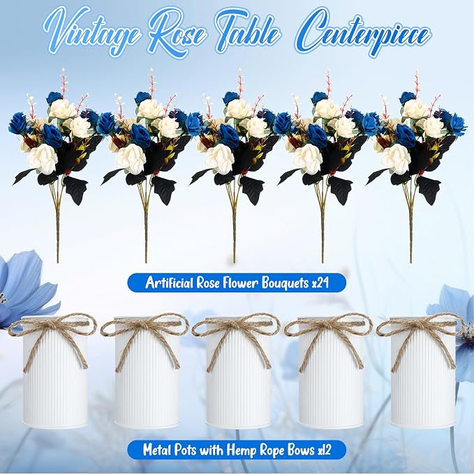 Domensi 12 Sets Wedding Centerpiece for Table Artificial Rose with Vase Fake Bouquets and Metal Pot Flower Arrangements for Bridal Shower Birthday Party Event Table Decor (Dark Blue)
