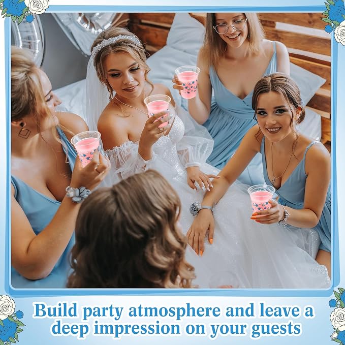 Funnymoom 60 Pack Blue Floral Plastic Cup 12 oz Wedding Flower Disposable Clear Plastic Blue White Flower Drinking Cups for Wedding Bridal Baby Shower Birthday Tea Party Decoration Supplies