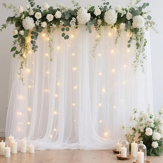 White Tulle Backdrop Curtain with Lights String 10FT X 8FT Sheer Tulle Backdrop Curtains for Wedding Birthday Party Photo Shoot Background Decorations (2 Panels 5x8FT)