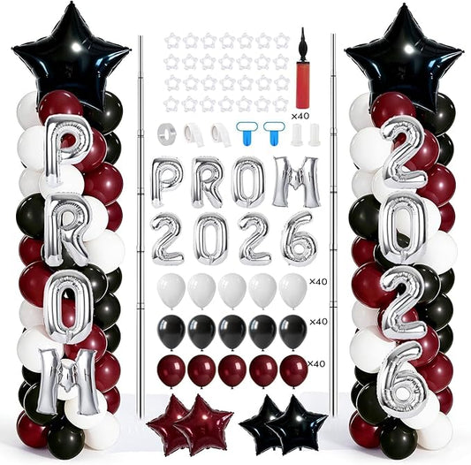 2 Sets Graduation Balloon Column Stand Kits with 132 PCS Burgundy Black White Latex Balloons 2026 Letters 6.5 Ft Adjustable Metal Tube Telescopic Tower Pillar with Base for Graduation Party Decoration