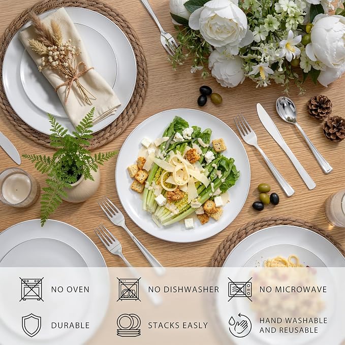 KIRE 100PCS Silver Plastic Plates - Heavy Duty White Disposable Plates with Silver Rim for Party/Wedding - Include 50Pcs 10.25inch Dinner Plates and 50Pcs 7.5inch Dessert Plates for Party/Father's Day