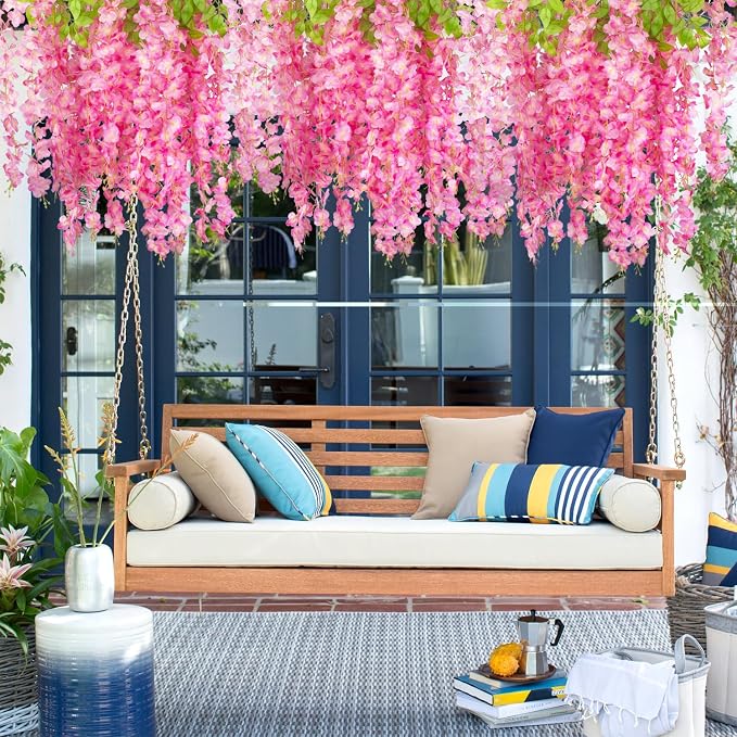 AITISOR 24 Pack Artificial Fake Wisteria Vine Ratta (3.75 Feet) Hanging Garland Silk Flowers String Home Party Wedding Decor (Deep Pink)
