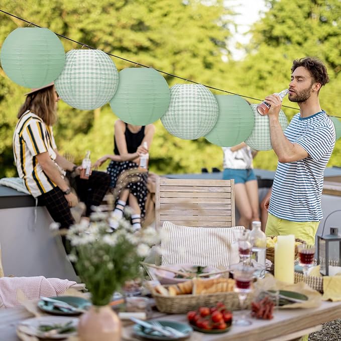 Honoson 12 Pcs Green Gingham Paper Lanterns Decoration10 Inch White and Sage Green Checkered Plaid Round Chinese Hanging Lanterns for Baby Boy Shower Wedding Birthday Picnic BBQ Decoration