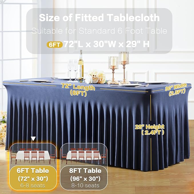 6 Pack Navy Blue Table Cloth for 6 Foot Rectangle Tables Spandex Fitted Tablecloth 6ft Stretch Table Covers Skirt Navy Blue Banquet Tablecloths Wrinkle Free Tablecloth for Party Wedding Birthday Event