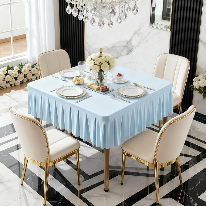 Wish Care Blue Spandex Tablecloths for 34x34 Inch Square Tables, Stretch Fitted Table Clothes with Pleated Ruffle Skirt for 34” Table, Wrinkle Free and Elastic, for Party Kitchen Home Dining