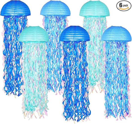 OBXT 10" Blue Hanging Jellyfish Paper Lanterns - Under the Sea Party & Mermaid Birthday Decorations, Baby Shower, Nautical Events, Ocean Theme Classroom & Beach Room Decor (Set of 6)