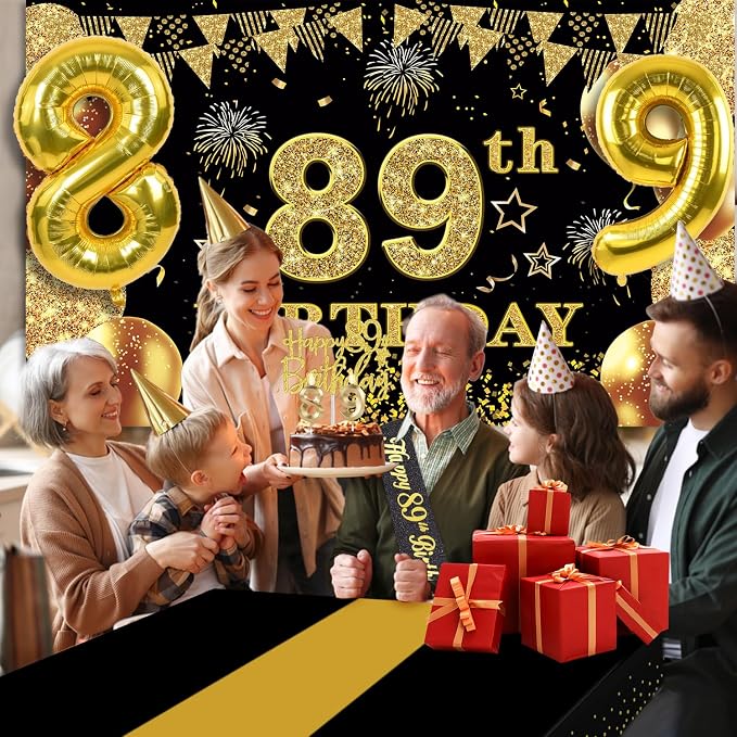 89th Birthday Decorations Men Women with 89th Birthday Banner, Black and Gold Table Cloth, Number Balloons, Sash, Cake Topper and Candles