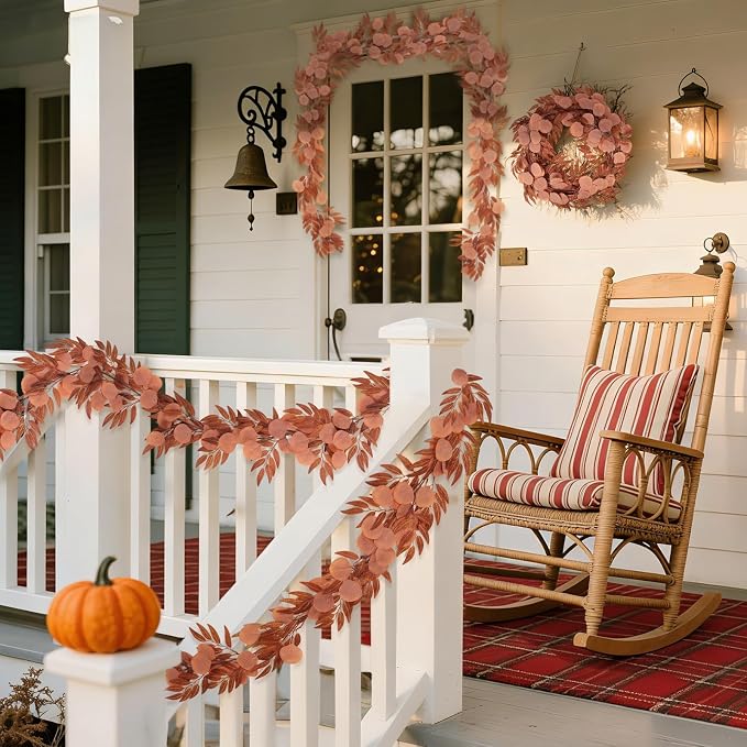 RECUTMS 2Pcs Artificial Fall Eucalyptus Garland with Willow Leaves 6Ft Hanging Silk Orange Leaf Vine Greenery Faux Ivy Plants Indoor Outdoor Home Office Party Wedding Table Arch Fireplace Autumn Decor