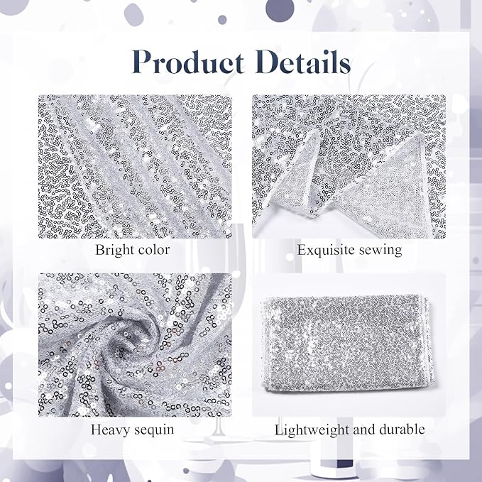 Newwiee 54 Pcs Silver Sequin Chair Sashes and Table Runners, 48 Sequin Chair Bows, 6 Glitter Table Runners for Birthday Party Wedding Banquet Holiday Decorations