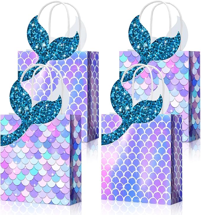 Leinuosen 32 Pcs Mermaid Party Favor Bags Mermaid Gift paper Bags with Handles Princess Theme Birthday Decoration Treat Candy wrap packs for Baby Shower Birthday Pool Party Supplies