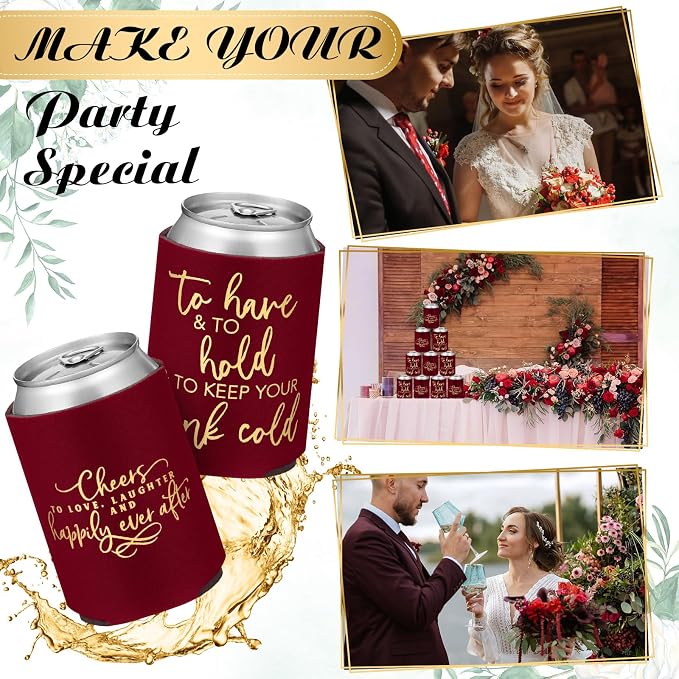 Qinyoung 50 Pieces Burgundy Wedding Can Cooler Sleeves Bulk Engagement Party Favors for Guests Cheers to Love Laughter and Happily Ever After Rehearsal Dinner Decorations for Wedding Bridal Parties