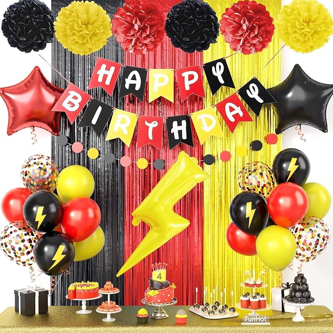 Red Black Yellow Party Supplies,Include Balloons Happy Birthday Banner Fringe Curtain Tissue Paper Pompoms Garland