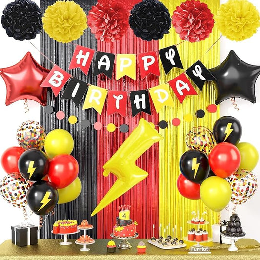 Red Black Yellow Party Supplies,Include Balloons Happy Birthday Banner Fringe Curtain Tissue Paper Pompoms Garland
