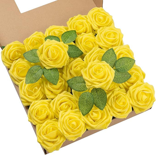 DuHouse 25Pcs Artificial Roses Flowers Fake Roses with Stems Real Touch Foam Flowers for DIY Wedding Bouquet Party Centerpiece Floral Arrangement Party Home Decor(Yellow)