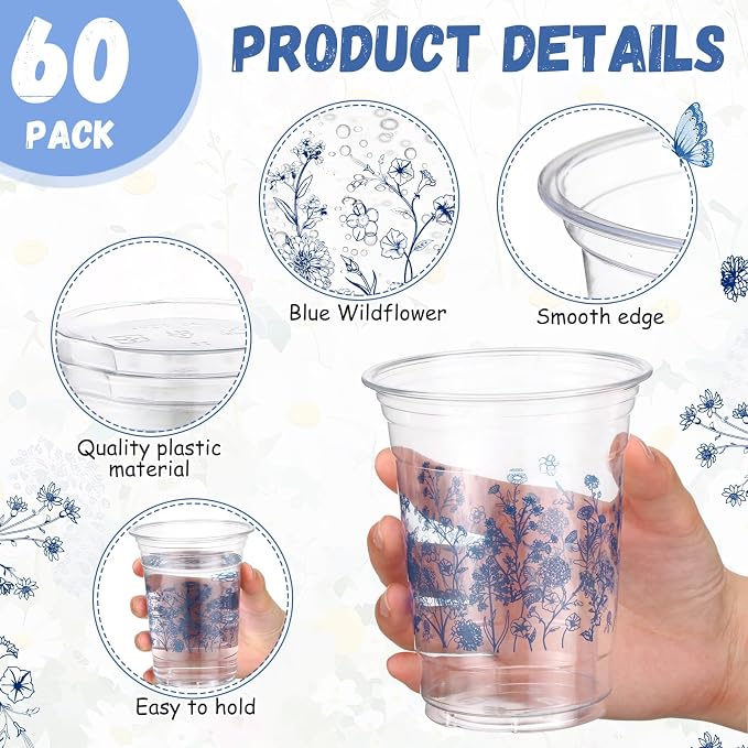 Hushee Blue Garden Floral 60 Pcs Party Cups 16 oz Plastic Disposable Drinking Cups for Birthday Love Baby in Bloom Baby Shower Summer Fresh off The Market Bridal Shower Decorations Supplies
