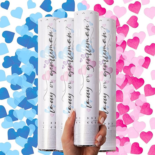 PrimePure Gender Reveal Confetti Cannon - Biodegradable Heart Shaped Confetti Poppers - Pink & Blue, 4 Pack - Baby Girl or Baby Boy Gender Reveal Party Poppers - Party Supplies Pop Gun