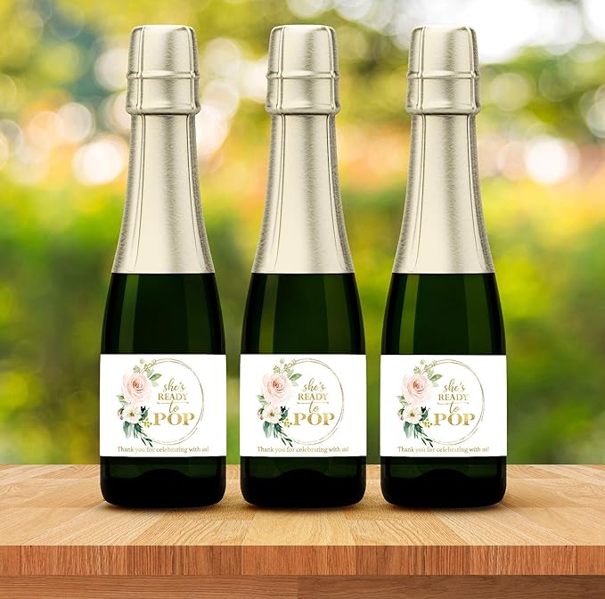 She’s Ready To POP ● SET of 18 ● Blush Rose Baby Shower Mini Champagne Labels, Thank You for Celebrating with us Faux Gold Mini Champagne Labels POP When You Get the News Favors WATERPROOF M625-POP-18