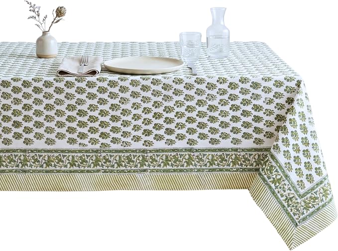 ATOSII Ivy Green 100% Cotton Rectangle Spring Summer Tablecloth, Handblock Floral Print Linen Table Cloth for Kitchen Dining I Parties, Weddings, Outdoors, Easter Decor 60 X 90 Inches, 6 Seater