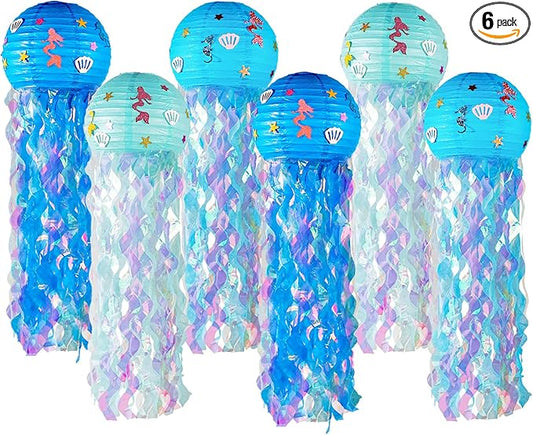 OBXT 12" Blue Jellyfish Lanterns - Mermaid Birthday Decorations, Under the Sea Party Supplies, Ocean Theme Hanging Jellyfish Decor for Classroom, Nautical Events, and Underwater Adventure (Set of 6)