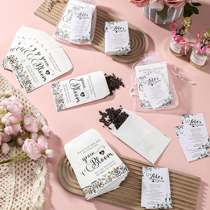 Ctosree 100 Set Wedding Favors for Guests Bulk Include 100 Pcs Self Adhesive Seed Packets Kraft Paper Seed Envelopes Let Love Grow Cards and Organza Gift Bags for Bridal Shower(Stylish)