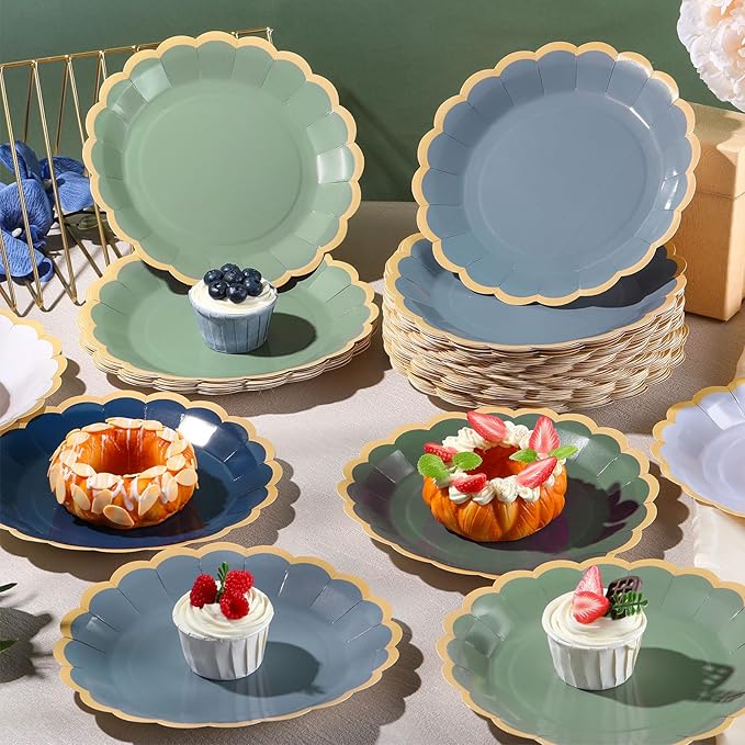 48 Pcs Dusty Blue Sage Green Paper Plates 9 Inch Green Blue Scalloped Paper Disposable Dinner Dessert Plates for Birthday Wedding Bridal Party Supplies, 6 Colors