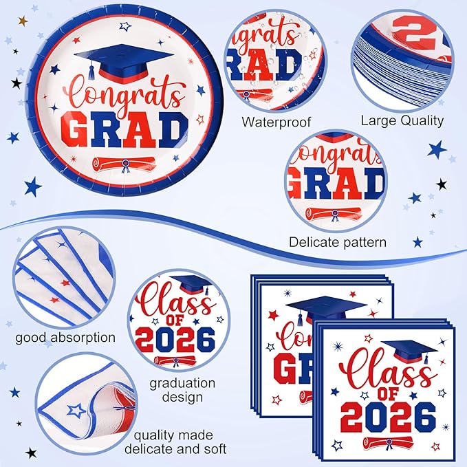 Funnymoom 452 Pcs Class of 2026 Red White Blue Graduation Party Decoration for 50, Red Blue Graduation Paper Plates Napkins Cups Tablecloth Cutlery Straw for College School Congrats Grad Party Supply
