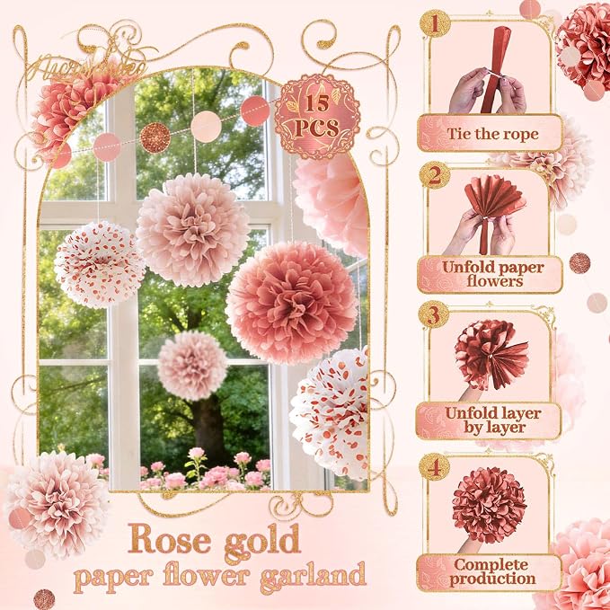 Rose Gold Wedding Decorations - 15 PCS Tissue Paper Pom Poms + 8 Rolls Rose Gold Crepe Paper Streamers for Engagement Party Wedding Birthday Bridal Shower Bachelorette